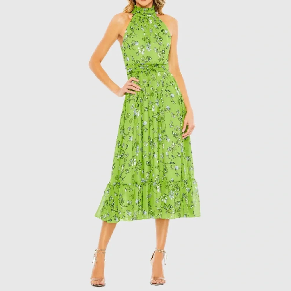 IEENA for Mac Duggal Green Floral Print High-Neck A-Line Midi Dress - Picture 1 of 7